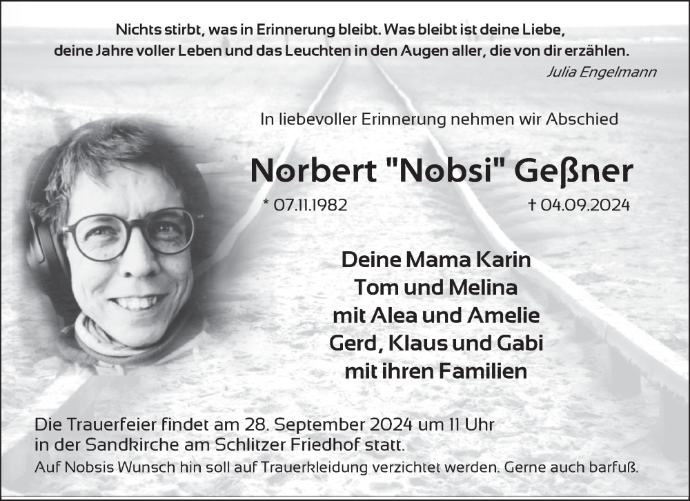  Traueranzeige für Norbert Geßner vom 14.09.2024 aus FZ