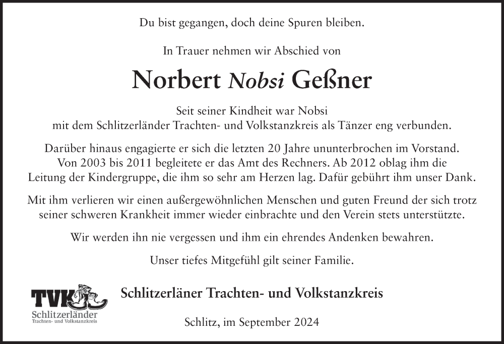  Traueranzeige für Norbert Geßner vom 14.09.2024 aus FZ