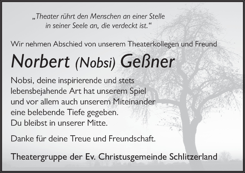  Traueranzeige für Norbert Geßner vom 14.09.2024 aus FZ