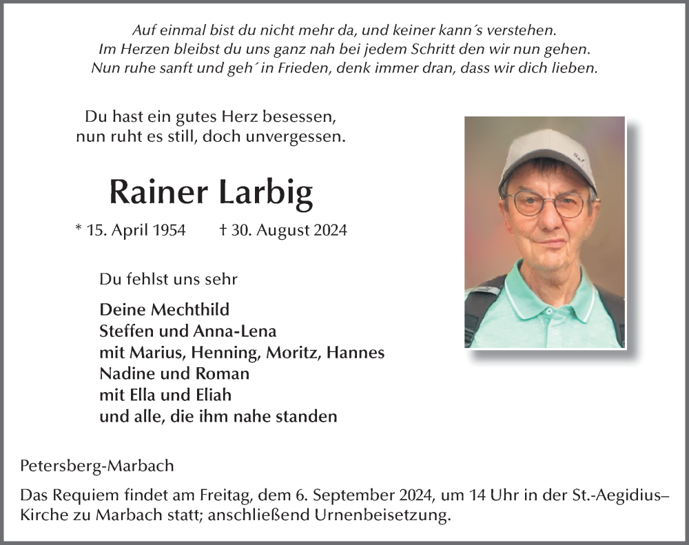  Traueranzeige für Rainer Larbig vom 04.09.2024 aus FZ