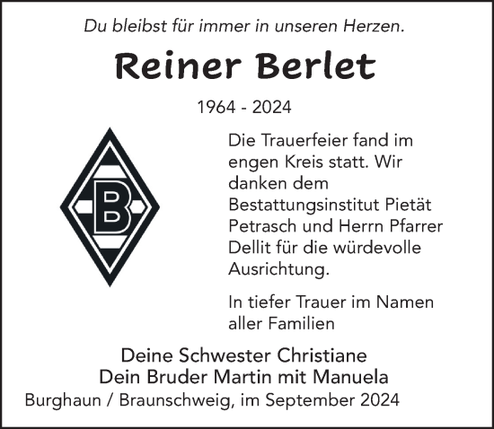Traueranzeige von Reiner Berlet von FZ