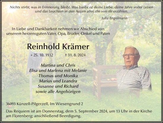 Traueranzeige von Reinhold Krämer von FZ