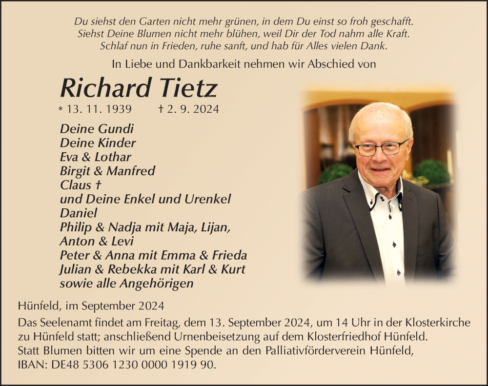  Traueranzeige für Richard Tietz vom 11.09.2024 aus FZ
