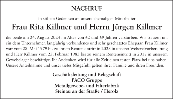 Traueranzeige von Rita Killmer von FZ