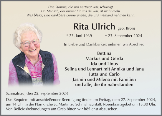 Traueranzeige von Rita Ulrich von FZ