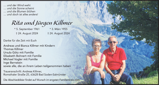 Traueranzeige von Rita und Jürgen Killmer von FZ