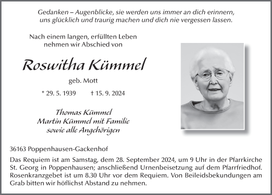 Traueranzeige von Roswitha Kümmel von FZ