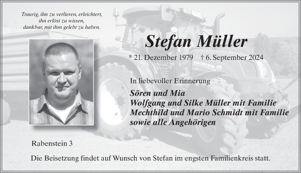  Traueranzeige für Stefan Müller vom 14.09.2024 aus FZ