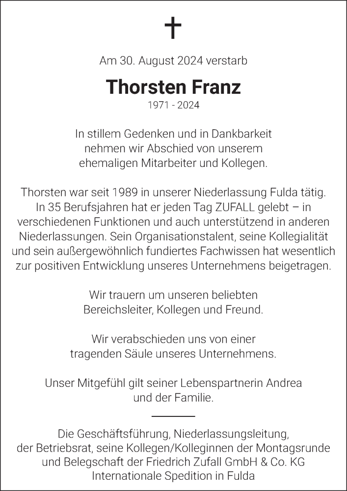  Traueranzeige für Thorsten Franz vom 10.09.2024 aus FZ