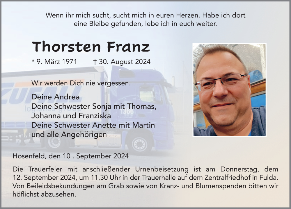  Traueranzeige für Thorsten Franz vom 10.09.2024 aus FZ