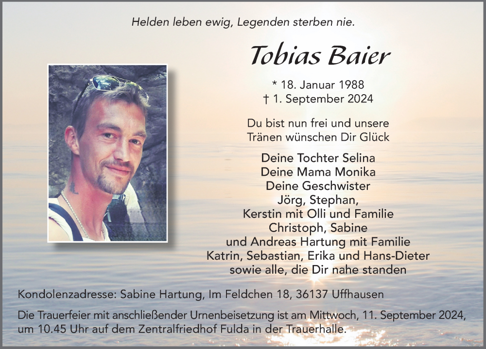  Traueranzeige für Tobias Baier vom 07.09.2024 aus FZ