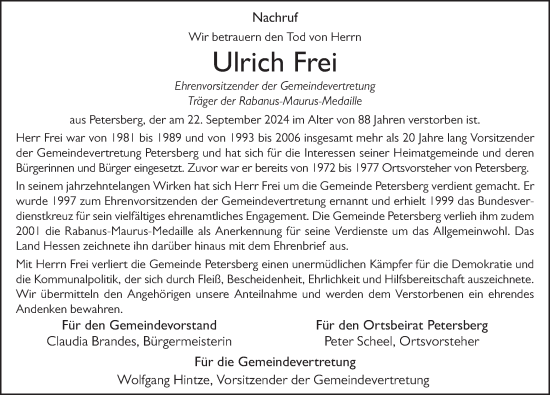 Traueranzeige von Ulrich Frei von FZ