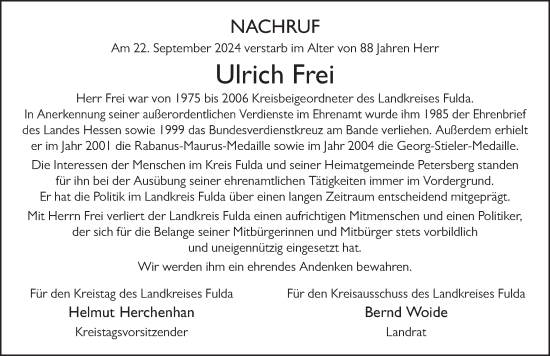 Traueranzeige von Ulrich Frei von FZ