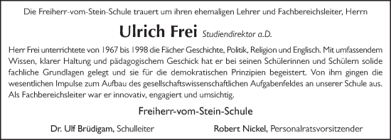 Traueranzeige von Ulrich Frei von FZ