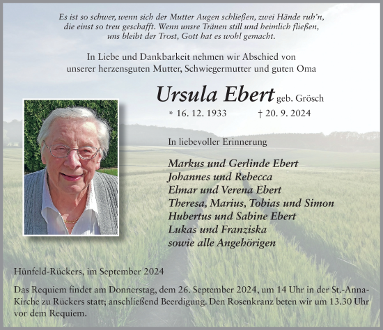 Traueranzeige von Ursula Ebert von FZ