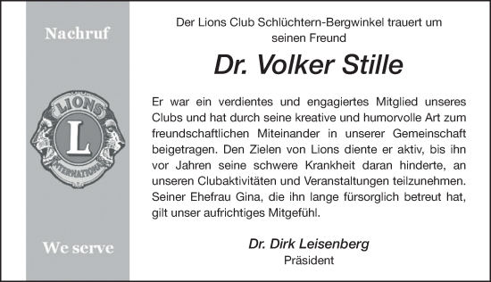 Traueranzeige von Volker Stille von FZ