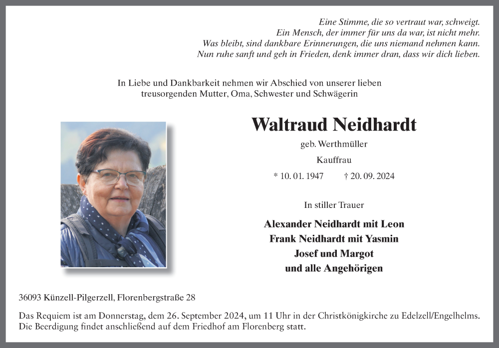  Traueranzeige für Waltraud Neidhardt vom 24.09.2024 aus FZ