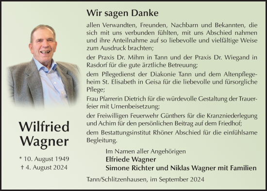 Traueranzeige von Wilfried Wagner von FZ