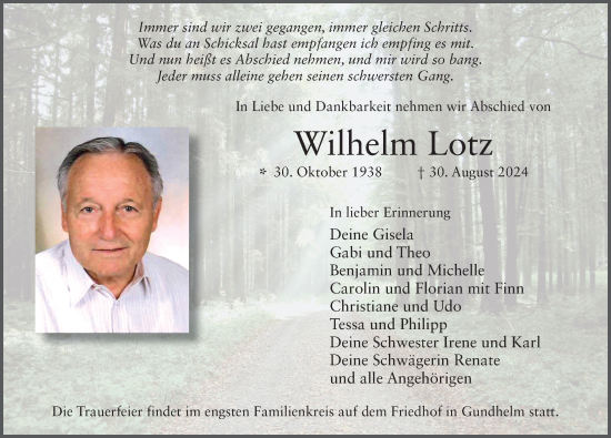 Traueranzeige von Wilhelm Lotz von FZ