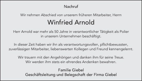 Traueranzeige von Winfried Arnold von FZ