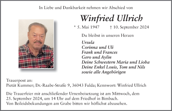 Traueranzeige von Winfried Ullrich von FZ