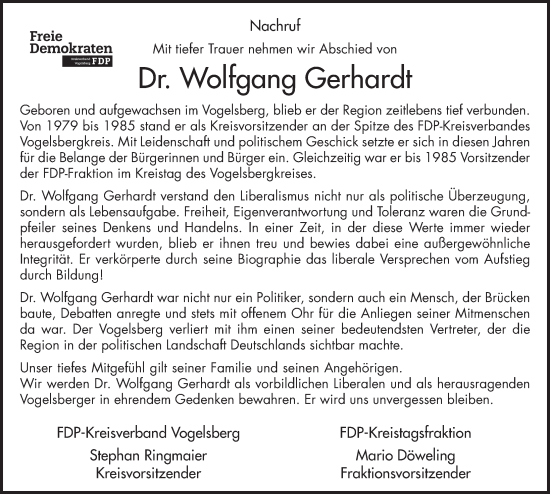 Traueranzeige von Wolfgang Gerhardt von FZ