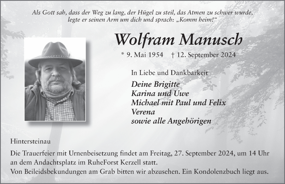  Traueranzeige für Wolfram Manusch vom 21.09.2024 aus FZ