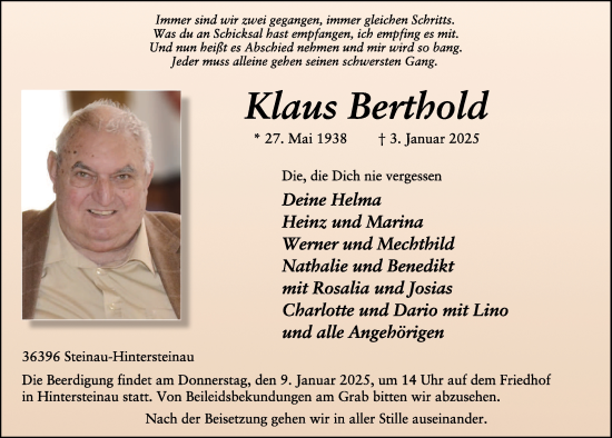 Traueranzeige von Klaus Berthold von FZ