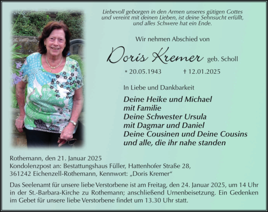 Traueranzeige von Doris Kremer von FZ