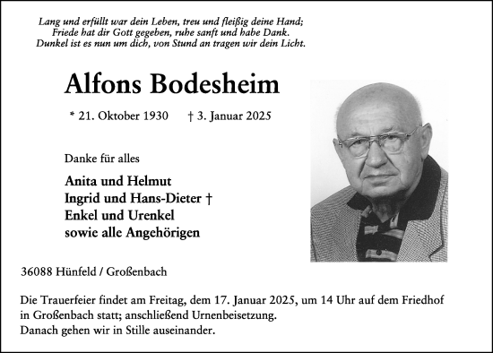 Traueranzeige von Alfons Bodesheim von FZ