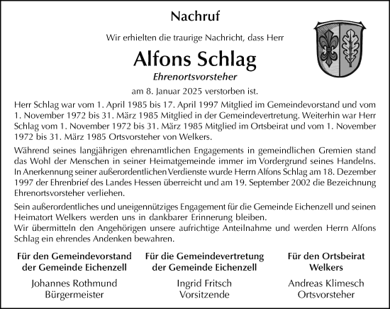 Traueranzeige von Alfons Schlag von FZ