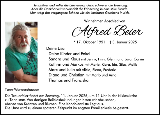Traueranzeige von Alfred Beier von FZ