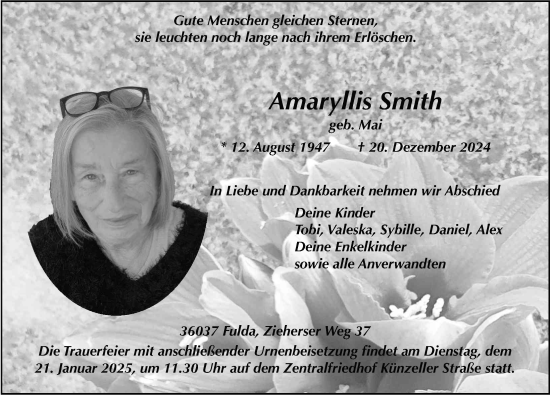 Traueranzeige von Amaryllis Smith von FZ