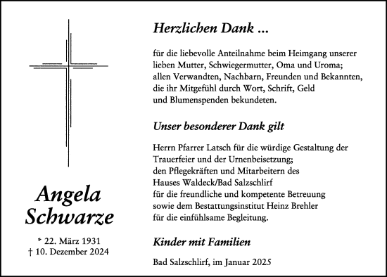 Traueranzeige von Angela Schwarze von FZ