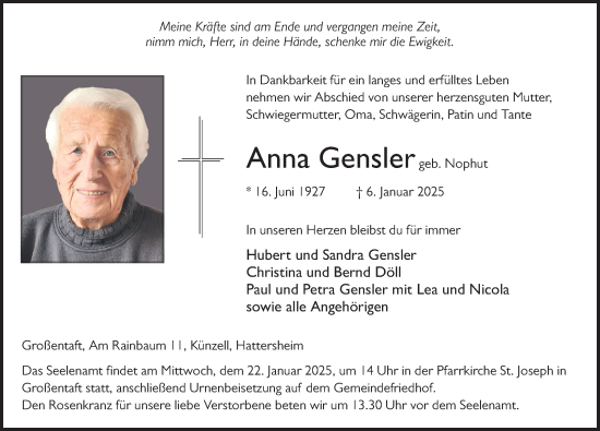 Traueranzeige von Anna Gensler von FZ
