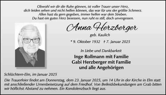 Traueranzeige von Anna Herzberger von FZ