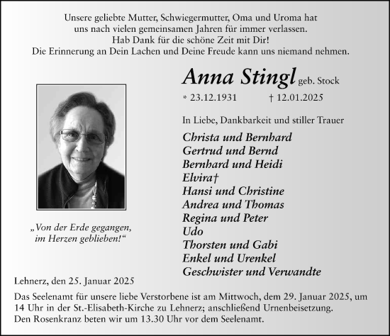Traueranzeige von Anna Stingl von FZ