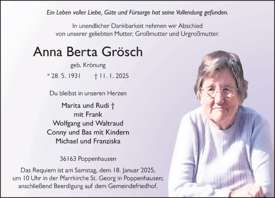 Traueranzeige von Anna Berta Grösch von FZ