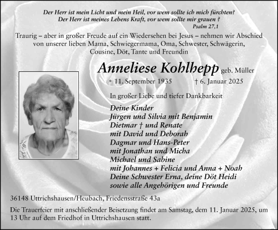 Traueranzeige von Anneliese Kohlhepp von FZ