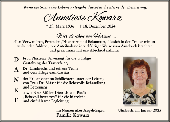 Traueranzeige von Anneliese Kowarz von FZ
