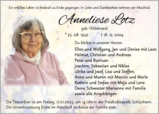 Traueranzeige von Anneliese Lotz von FZ