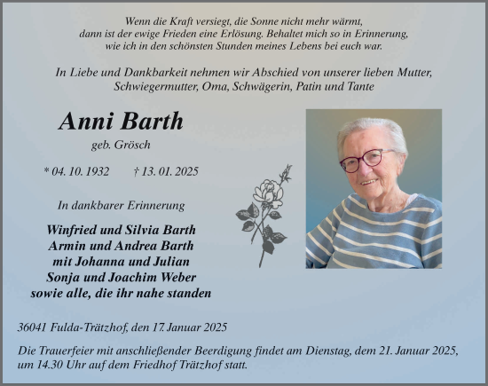 Traueranzeige von Anni Barth von FZ