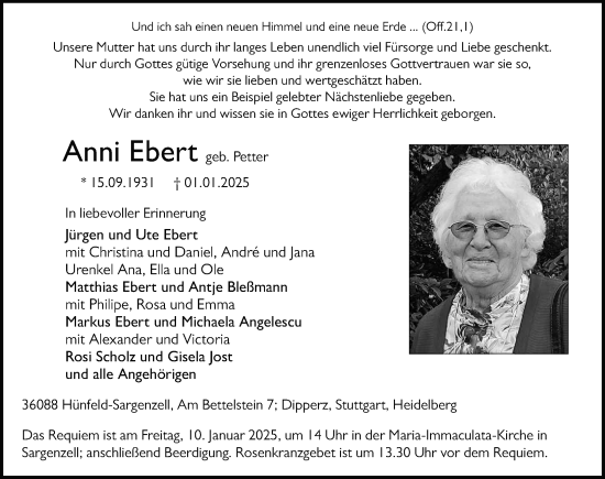 Traueranzeige von Anni Ebert von FZ