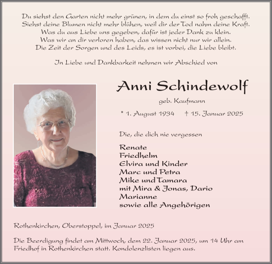 Traueranzeige von Anni Schindewolf von FZ