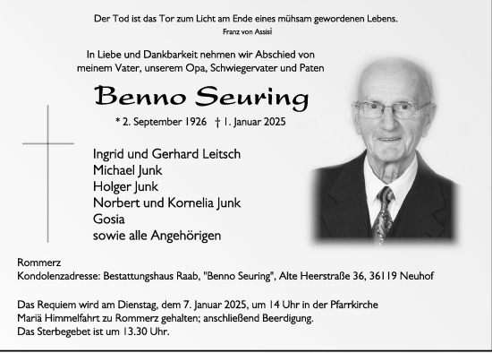 Traueranzeige von Benno Seuring von FZ