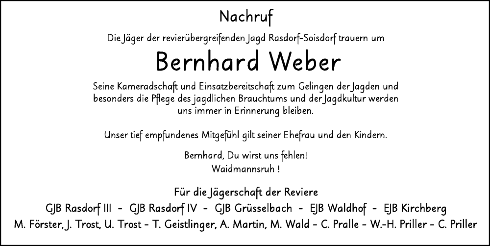  Traueranzeige für Bernhard Weber vom 18.01.2025 aus FZ