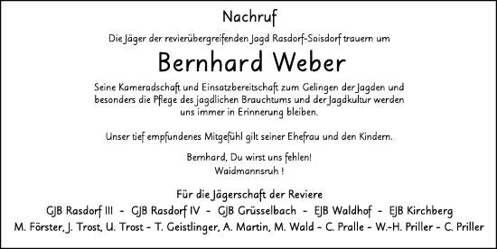 Traueranzeige von Bernhard Weber von FZ