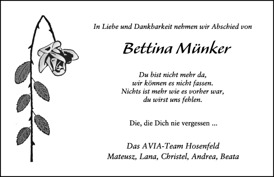 Traueranzeige von Bettina Münker von FZ