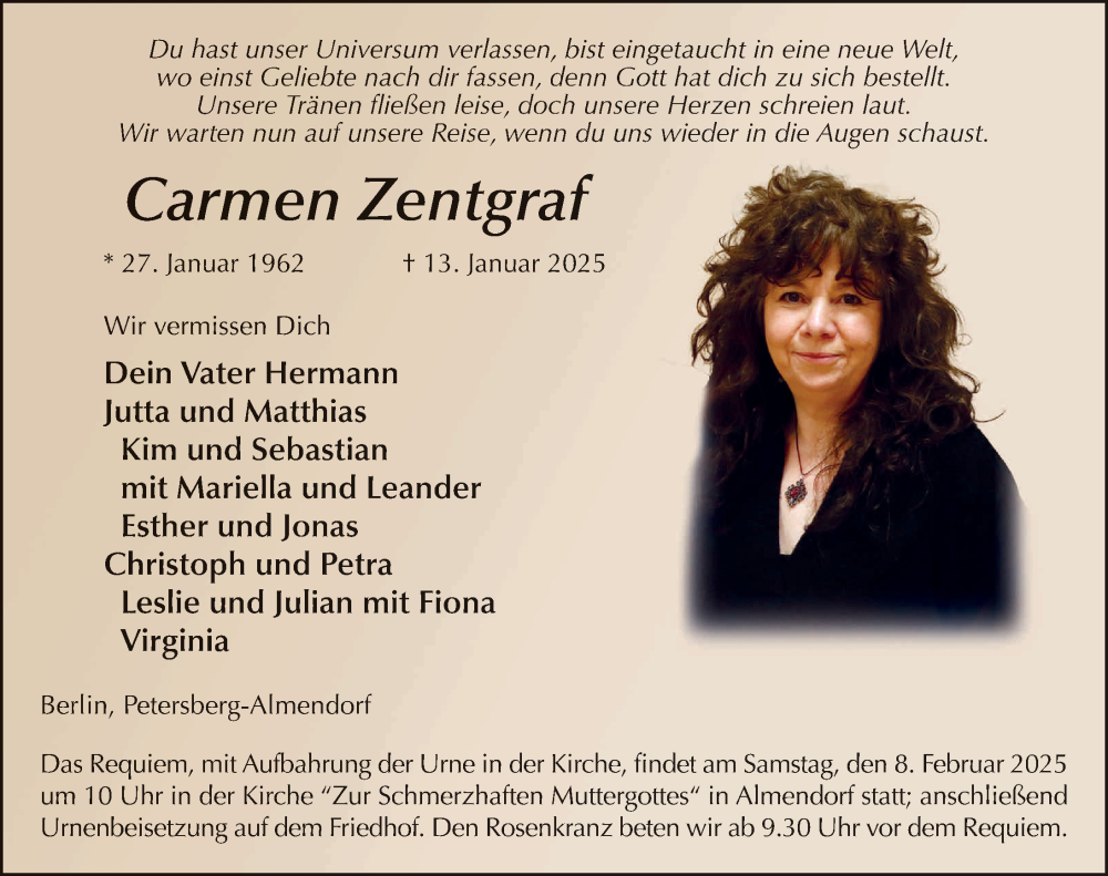  Traueranzeige für Carmen Zentgraf vom 27.01.2025 aus FZ