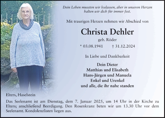 Traueranzeige von Christa Dehler von FZ